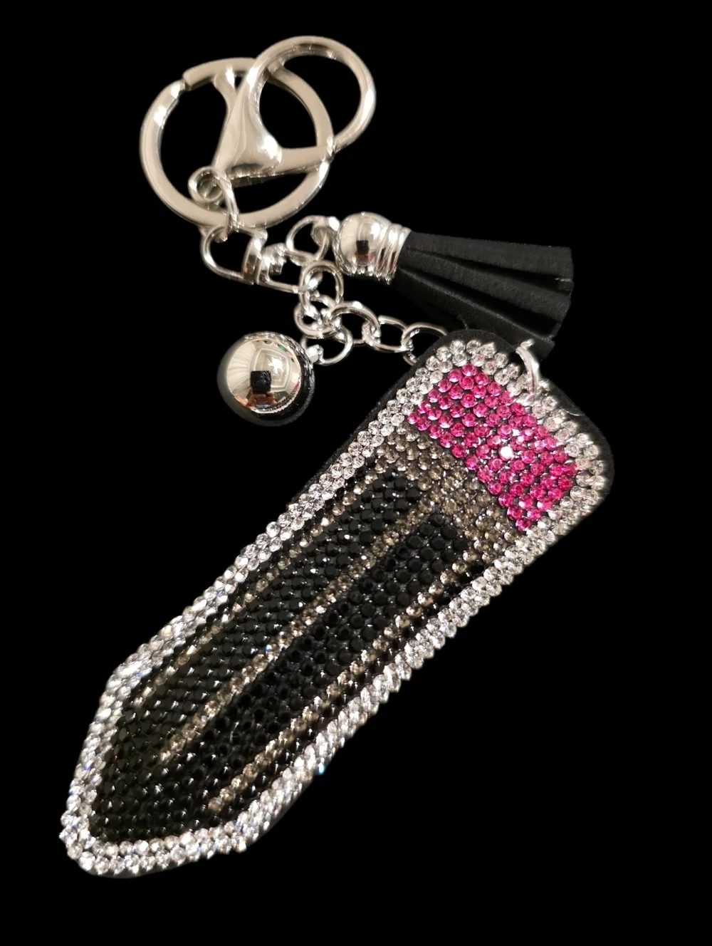 Crystal Embellished Pencil Keychain with Black and Silver Accents